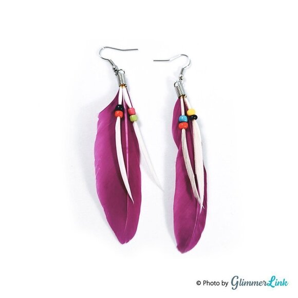 NWOT Purple Beaded Feather Earrings - Picture 3 of 4